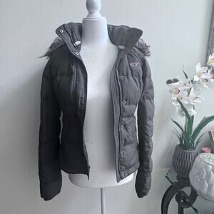 Vintage Hollister Y2K Faux Fur Puffer Coat Hooded in Olive Green Size XS